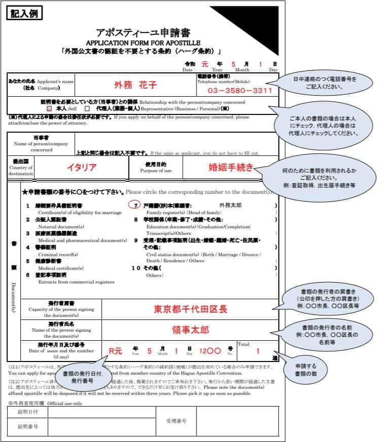 アポスティーユの申請書・記入例