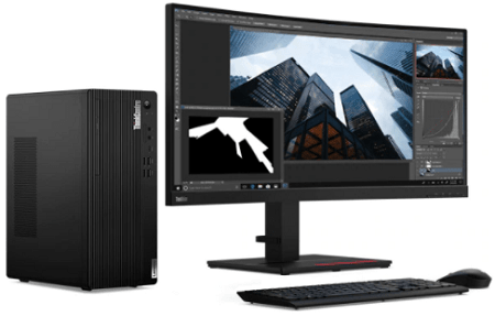 Lenovo ThinkCentre M70t Mini-Towerの外観・モニターに繋いだところ