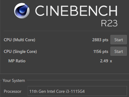 Thinkbook 15 gen 2 Cinebench R23 core i3-1115G4 測定結果