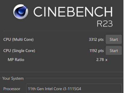 Thinkbook 15 gen 2 Cinebench R23 core i3-1115G4 ハイパフォーマンスモード測定結果