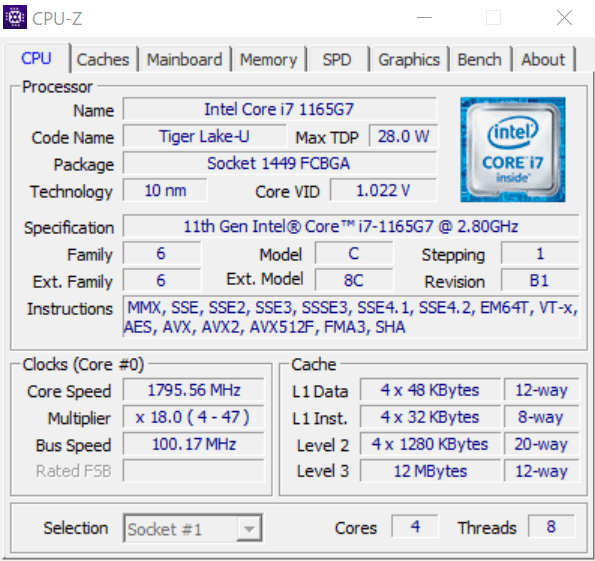 CPU ZでThinkbook 13s Gen 2のCore i7-1165G7を調べた結果