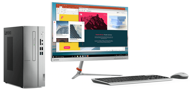 Lenovo IdeaCentre 510s (2019 Autumn)と付属のマウス、キーボード、別売りのモニター