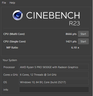 Lenovo ThinkCentre M75q Tiny Gen 2 Cinebench R23計測結果