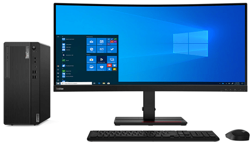 Lenovo ThinkCentre M75t Mini-Tower Gen2の筐体、モニター、付属のマウスとキーボード