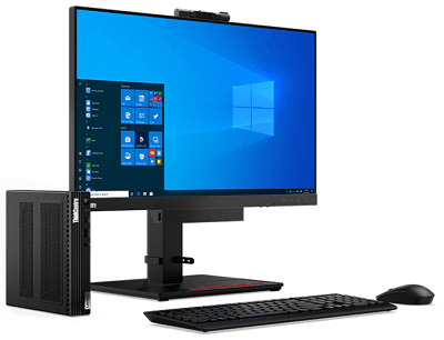 Lenovo ThinkCentre M90q Tiny、モニターのTiny-in-One、付属のマウスとキーボード 左斜め前から