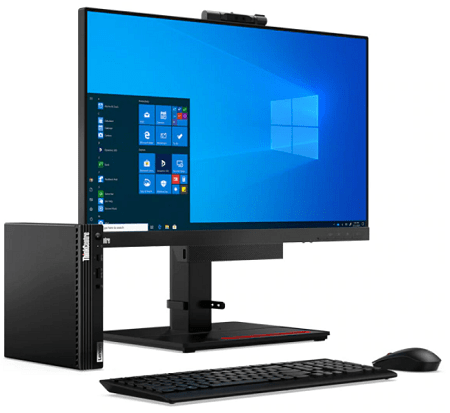 Lenovo ThinkCentre M70q Tinyと付属のマウス、キーボード、別売りのモニター