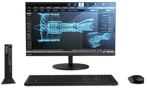 Lenovo ThinkStation P340 Tinyと付属のマウス、キーボード、バーティカルスタンド、別売りのモニター