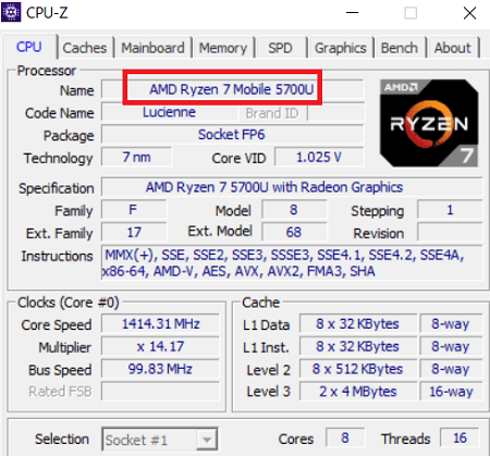 Ryzen 7 5700U CPU-Z　CPUの情報