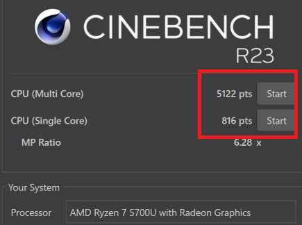 Lenovo IdeaPad Flex 550 Ryzen 5000のCinebench R23の計測結果