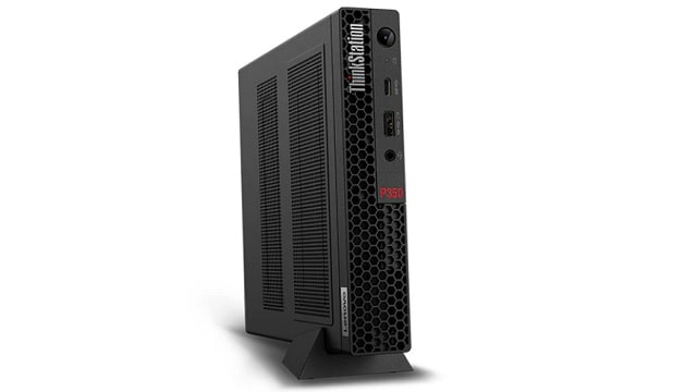 バーティカルスタンドに載せたLenovo ThinkStation P350 Tiny 左斜め前から