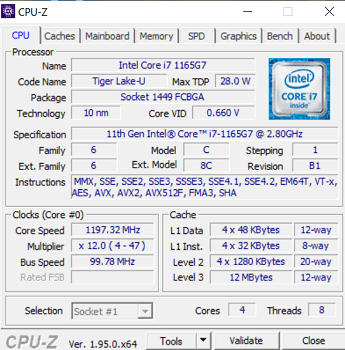 Core i7-1165G7 Thinkbook 13s gen 2 cpu-z