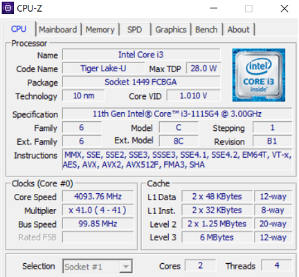 Core i3-1115G4の詳細　CPU-Z