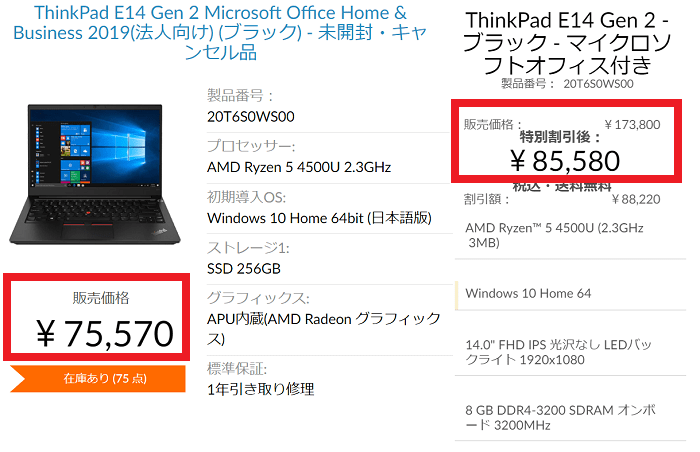 ThinkPad E14 Gen 2のアウトレット価格と正規価格