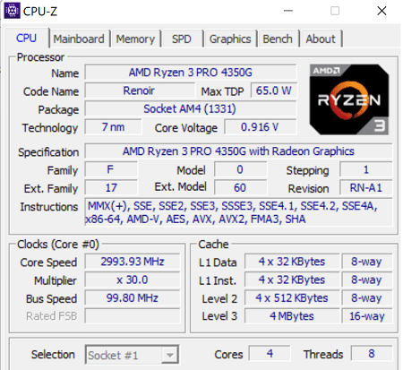 Ryzen 3 Pro 4350Gの詳細・CPU-Z