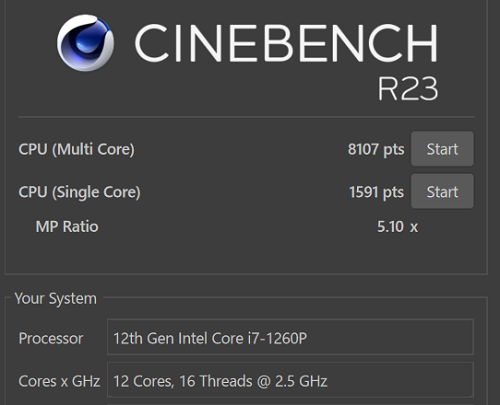 Core i7-1260P Cinebench R23 計測スコア