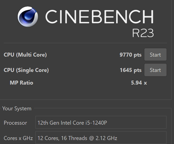 Lenovo Yoga 770i Cinebench R23 計測結果