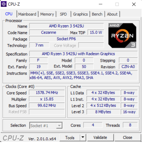 Ryzen 3 5425Uのスペック