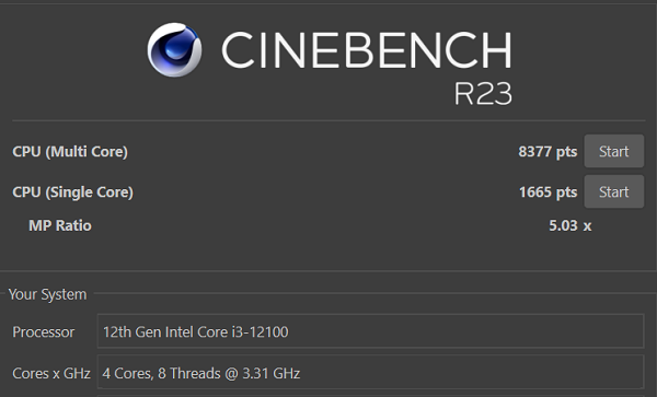 Core i3-12100 16GB Cinebench R23 ベンチマーク
