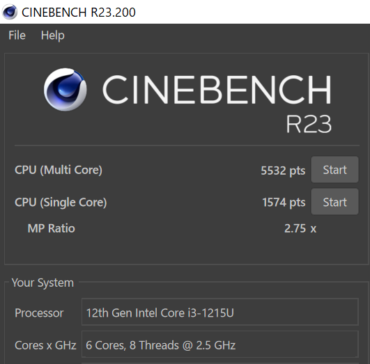 Core i3-1215U Cinebench R23計測結果