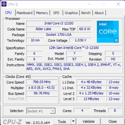 Intel core i3-12100のスペック