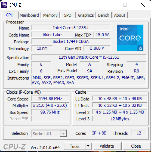 Core i5-1235U CPUスペック