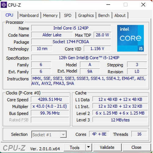 Core i5-1240P CPU-Z