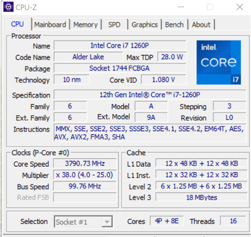 Core i7-1260P CPU-Z測定結果