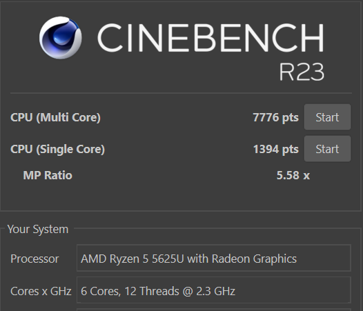 Ryzen 5 5625U Cinebench R23のスコア