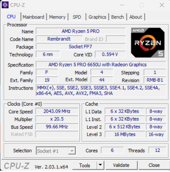 Ryzen 5 PRO 6650U CPU-Z