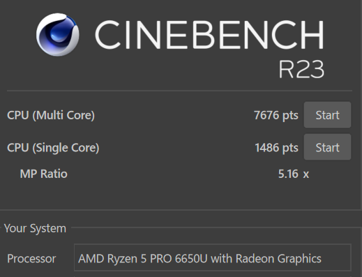 ThinkPad Z13 Gen 1 Ryzen 5 PRO 6650U Cinebench R23測定結果