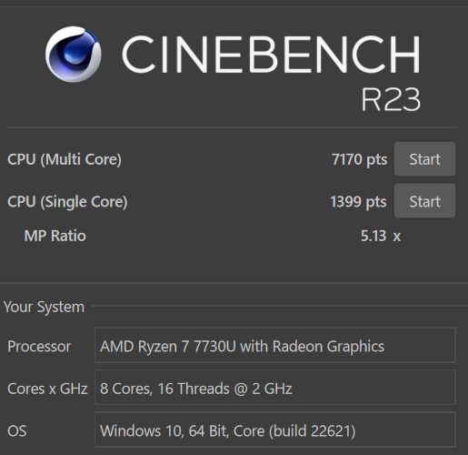 Lenovo Yoga 6 Gen 8 AMD Cinebench R23の計測結果