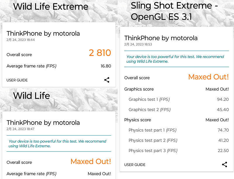 ThinkPhone Wild Life Extreme、Wild Life、Sling Shot Extremeを計測