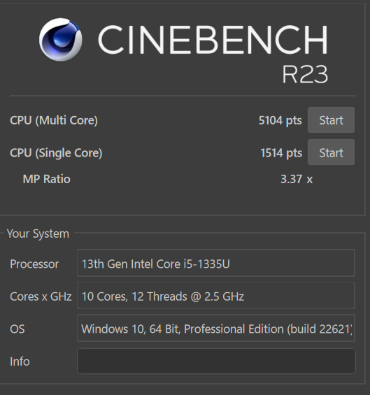 Lenovo ThinkPad X1 Carbon Gen 11 Cinebench R23計測結果