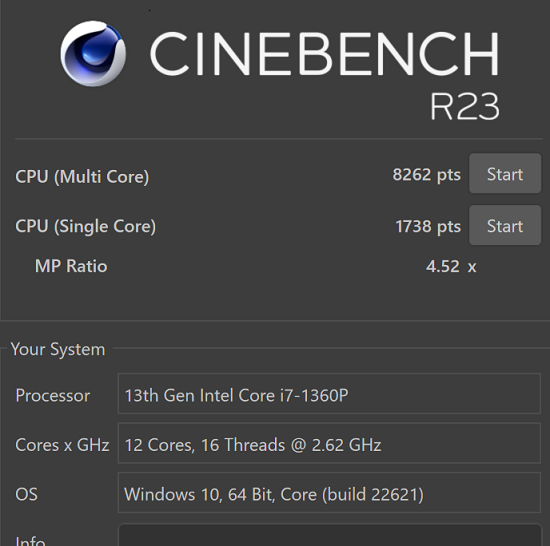 Lenovo Yoga 7i Gen 8 14 Cinebench R23の計測結果