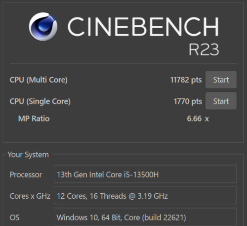 Lenovo Legion Slim 5i Gen 8 16型 Cinebench R23計測結果