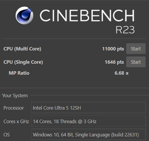 Core Ultra 5 125HのCinebench R23の計測結果