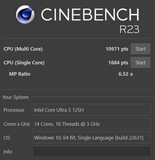 Core Ultra 5 125HのCinebench R23の計測結果　パフォーマンスモード