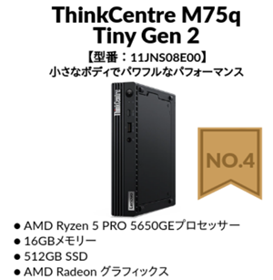 Lenovo 2024年4月2週目の人気ランキング　4位ThinkCentre M75q Tiny Gen 2