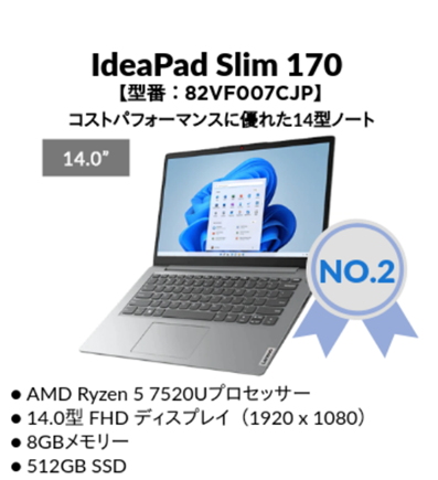 2024年4月第1週の人気No.2機種　IdeaPad Slim 170 14インチAMD
