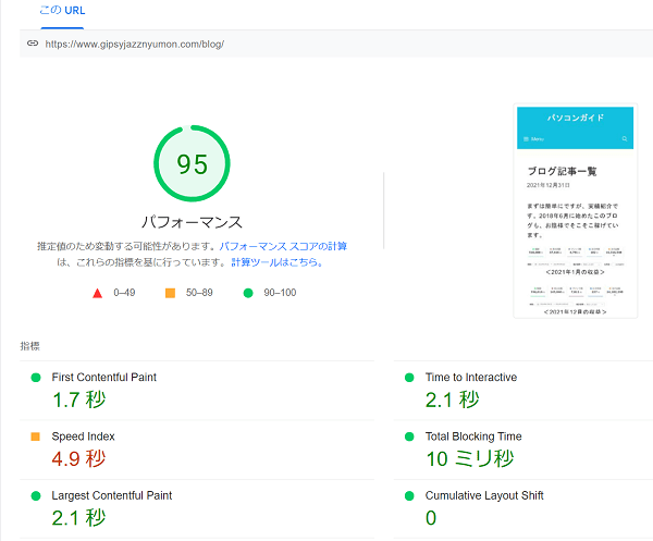 PageSpeed Insightで計測した結果 モバイル