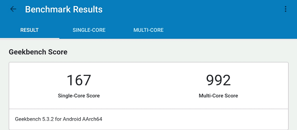 Geekbench 5の結果　Helio P22T・メモリ4GB