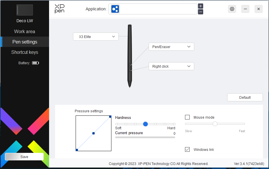 XPPen DecoLWのアプリケーション ペン設定画面