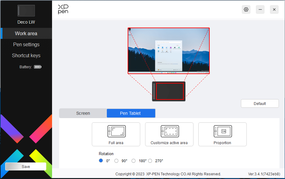 XPPen DecoLWのアプリケーション ディスプレイ 設定画面