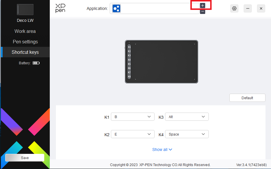 XPPen DecoLWのアプリケーション ショートカット設定画面