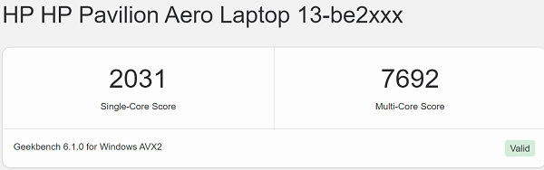 HP Pavilion Aero 13-be2000 Geekbench 6の計測結果