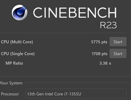ASUS Zenbook S 13 OLED cinebench R23の計測結果