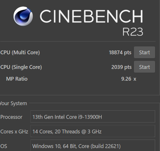 ROG Zephyrus G16 GU603VI Cinebench R23計測結果