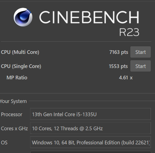 HP ZBook Firefly 14inch G10 Cinebench R23計測結果