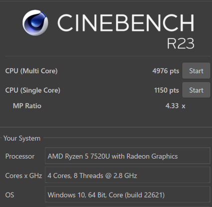 ASUS Vivobook Go 15 OLED Cinebench R23計測結果